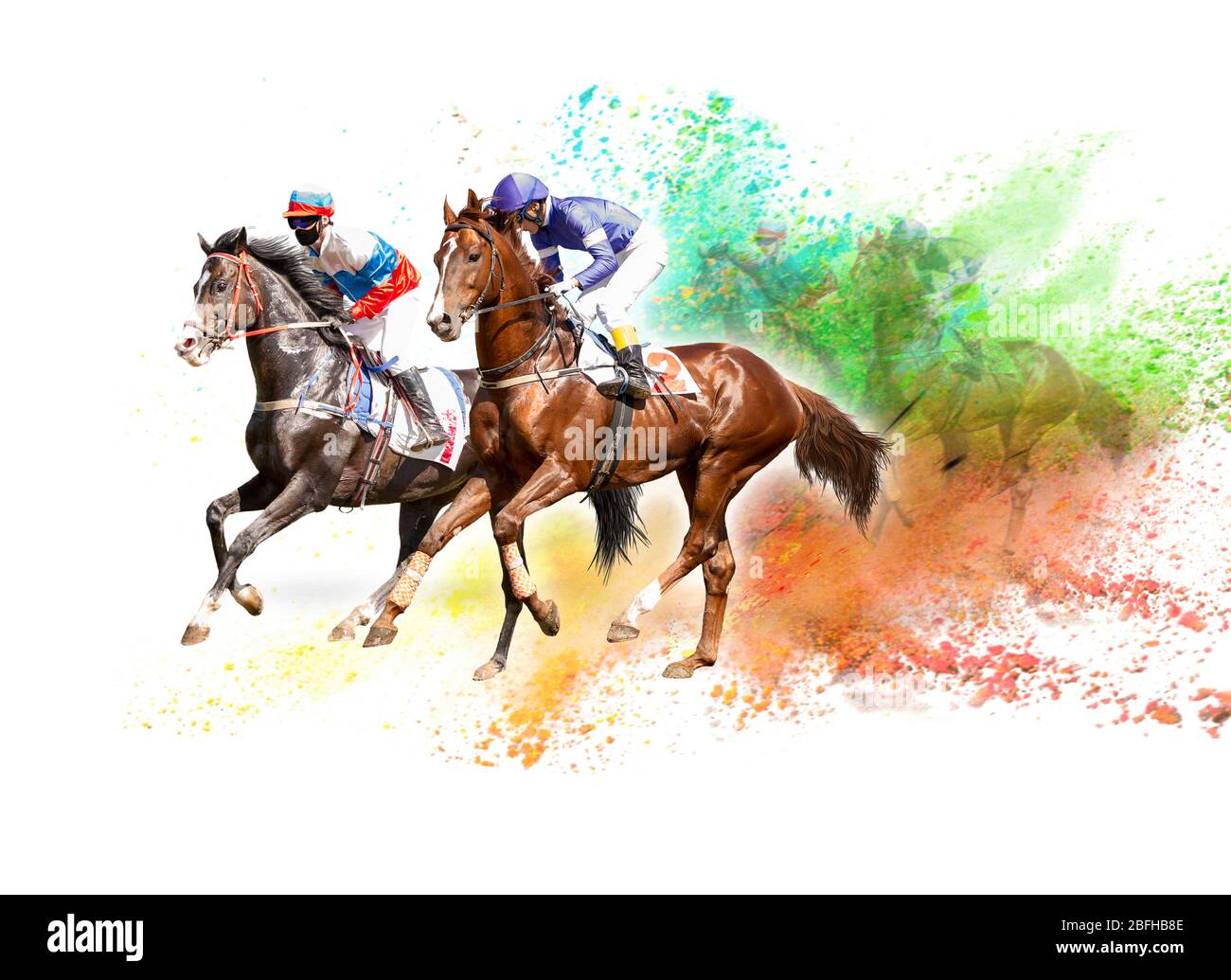 Vier Rennen Pferde Hals Hals im harten Wettbewerb um die Ziellinie. Digitale Collage Stockfoto