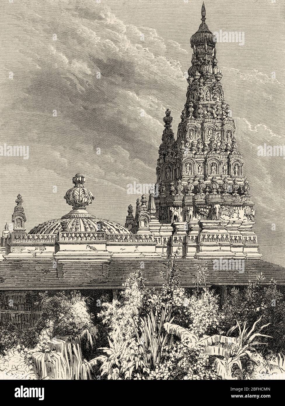 Indischer Tempel in Mumbai, Indien. Alte Gravurillustration aus El Mundo en la Mano 1878 Stockfoto