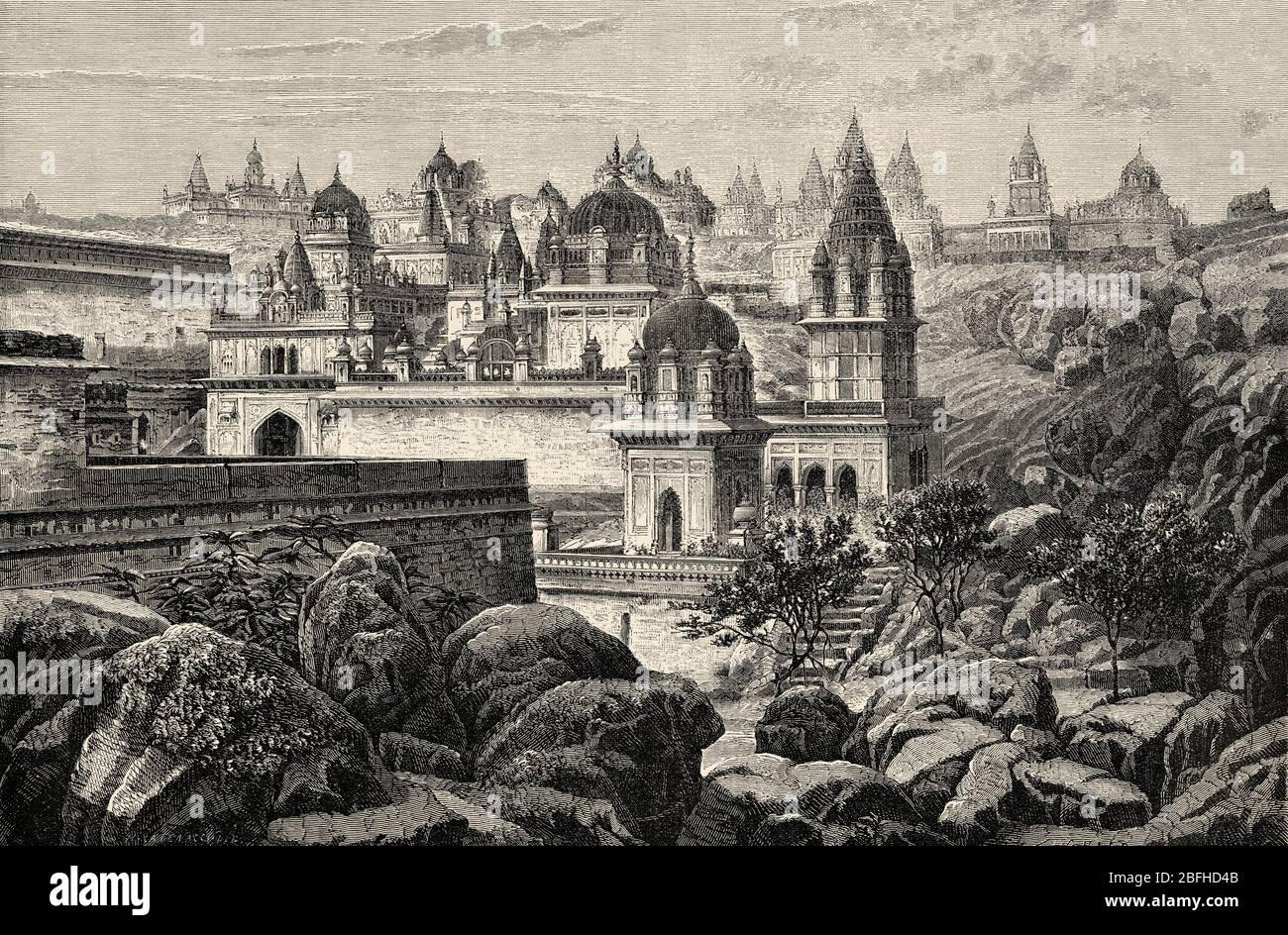Sounghur heiliger Hügel, Madhya Pradesh Indien. Alte Gravurillustration aus El Mundo en la Mano 1878 Stockfoto