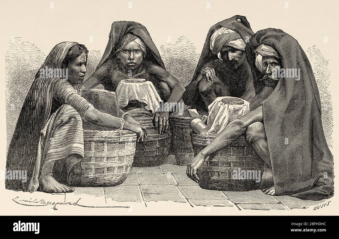 Porträt von Milchverkäufern in Madras, Indien. Alte Gravurillustration aus El Mundo en la Mano 1878 Stockfoto