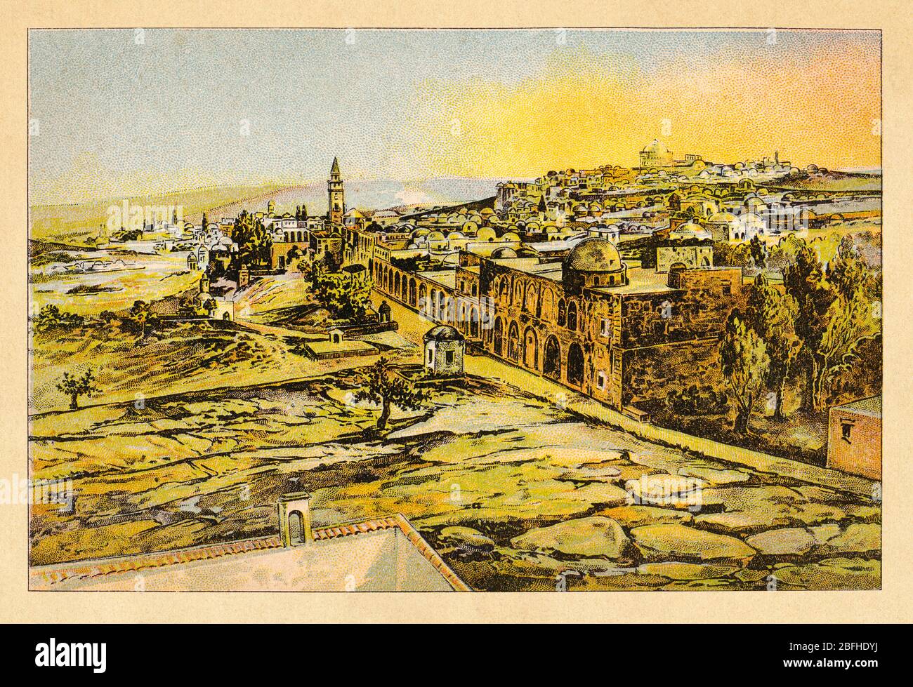 Jerusalemer Landschaft vom Berg Scopus. Israel, alte Farbchromolithographie das Heilige Land 1898 Stockfoto