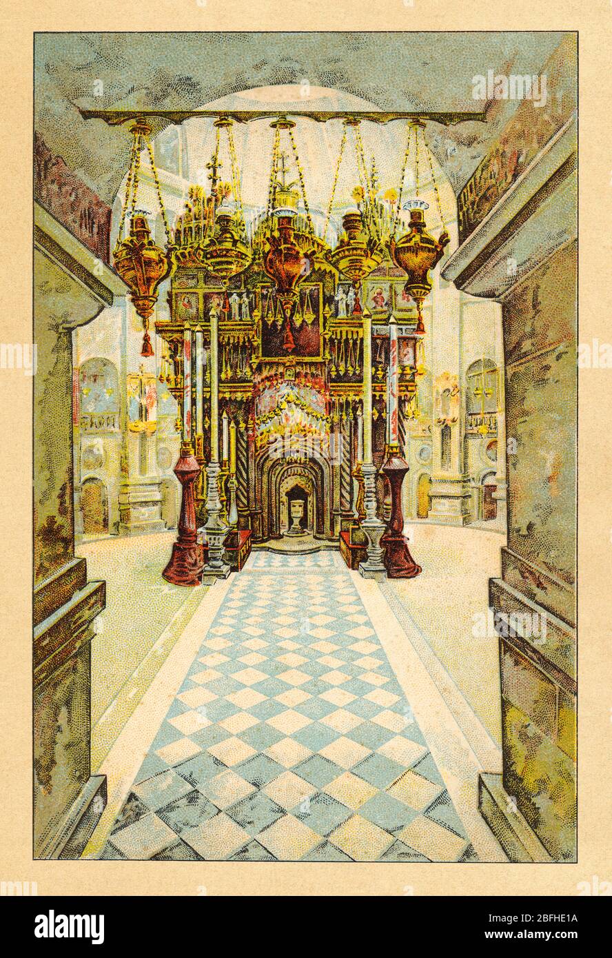 Die Kirche des Heiligen Grabes, Jerusalem. Israel, alte Farbchromolithographie das Heilige Land 1898 Stockfoto