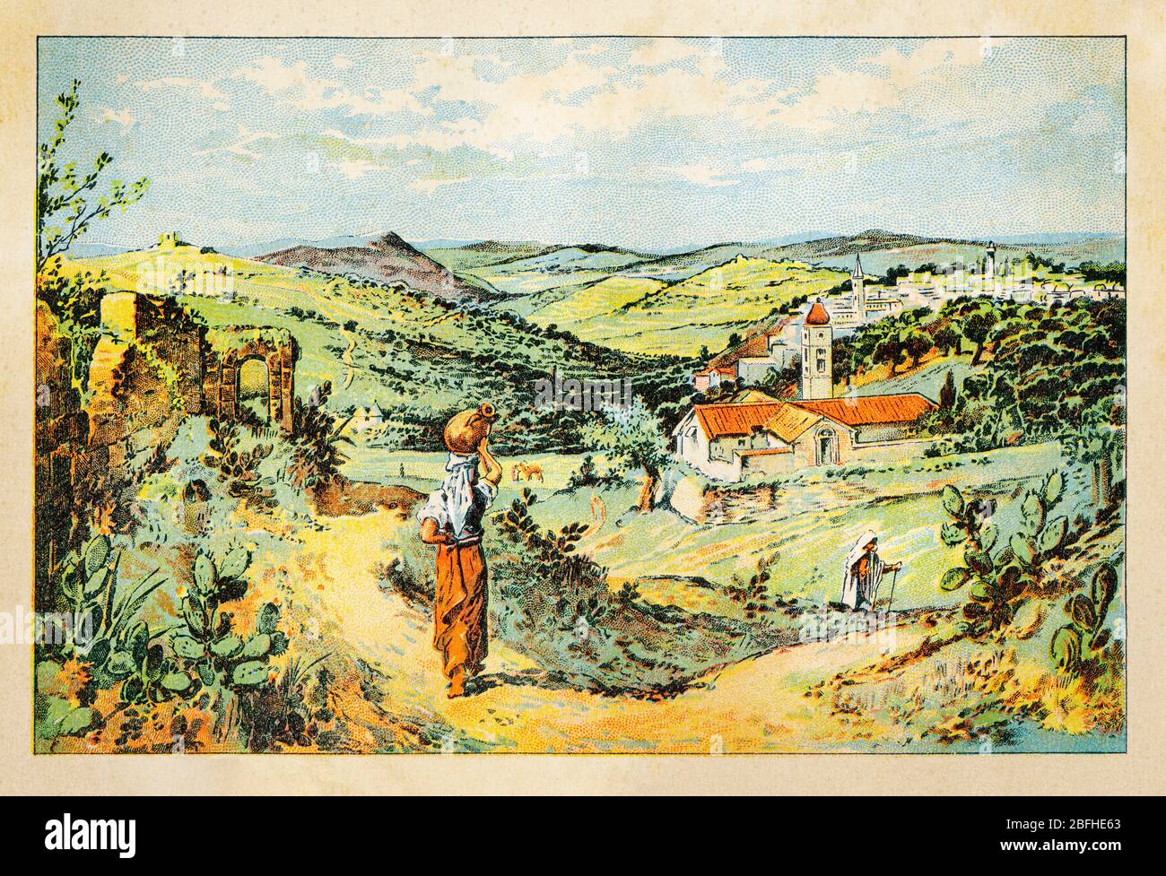 Landschaft Blick auf Tal und Dorf Nazareth. Israel, alte Farbchromolithographie das Heilige Land 1898 Stockfoto