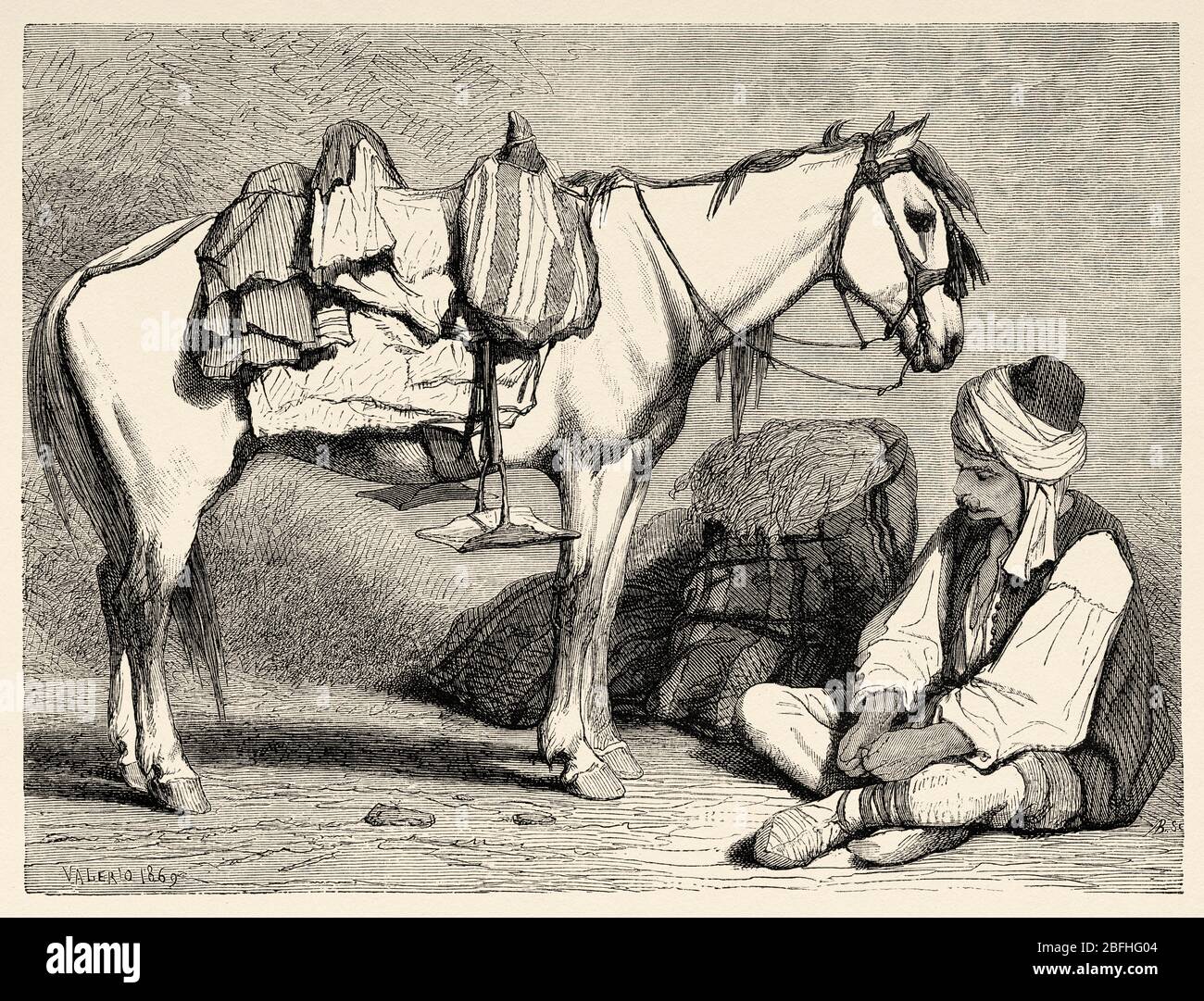 Bosnischer Bauer mit seinem Pferd. Bosnien. Europa, Alte Gravur Illustration Reise Land der Südslawen von M. Perrot Stockfoto