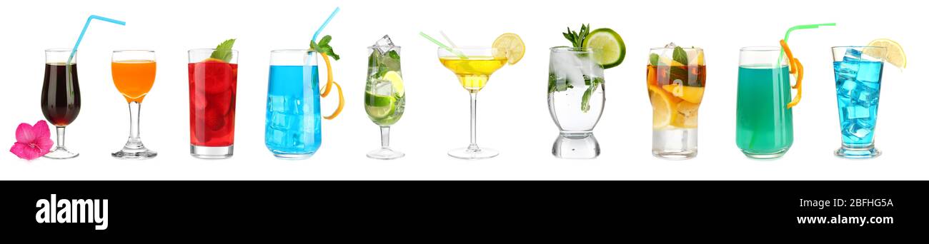 Viele verschiedene Cocktails und Getränke auf weiß isoliert Stockfoto