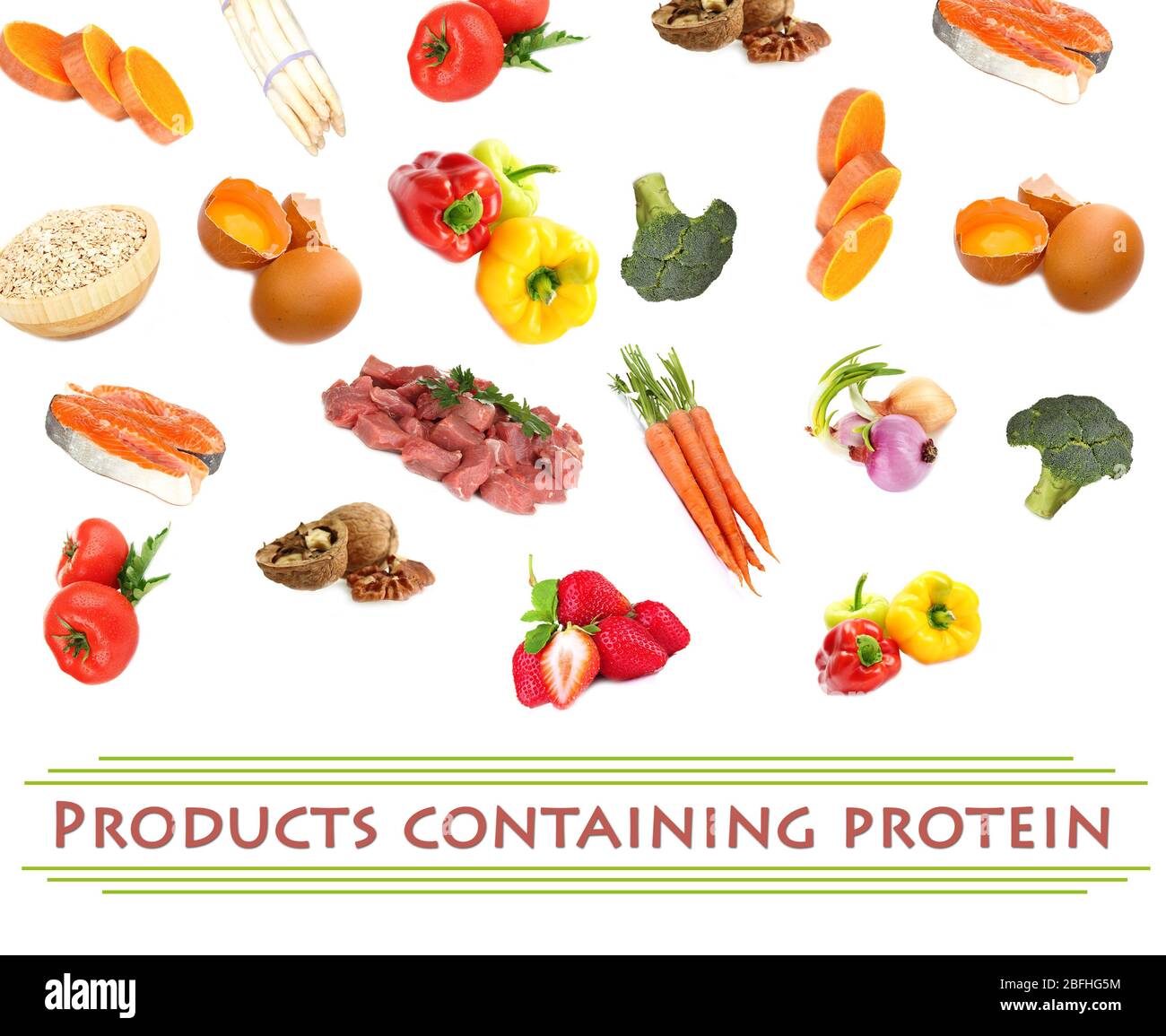 Collage von Produkten, die Protein enthalten Stockfoto