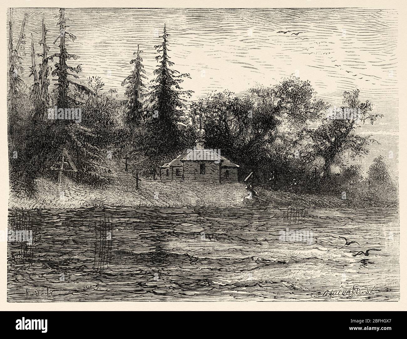 Hütten in einem Wald am Ufer des Flusses Nord-Dviná (Severnaja Dvina) Nord-Russland. Alte Gravur Illustration, Reisen nach Freie Russland 1869 von Stockfoto