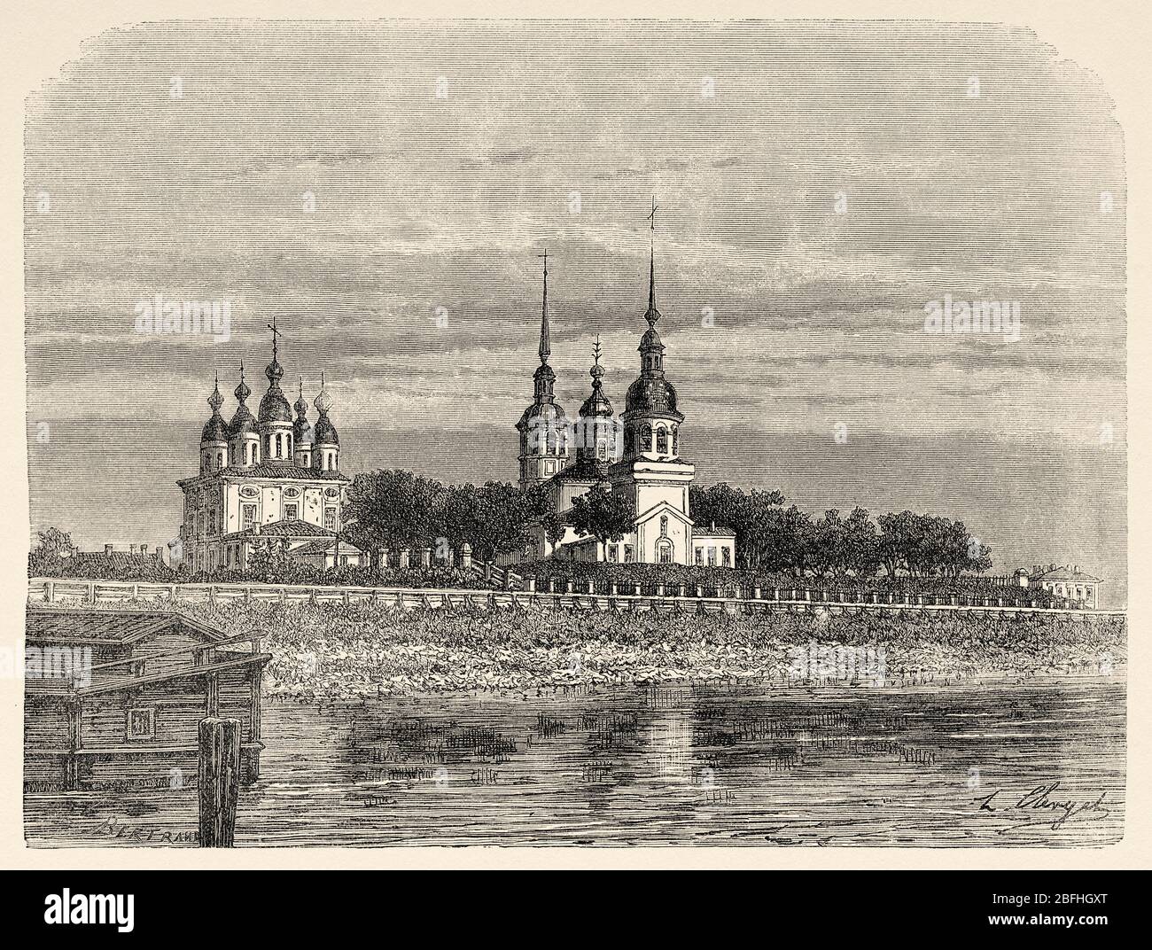 Panoramablick auf die Stadt Archangelsk (Arjánguelsk) am Ufer des Flusses Nord-Dviná, ganz in der Nähe des Weißen Meeres. Nördliche R Stockfoto