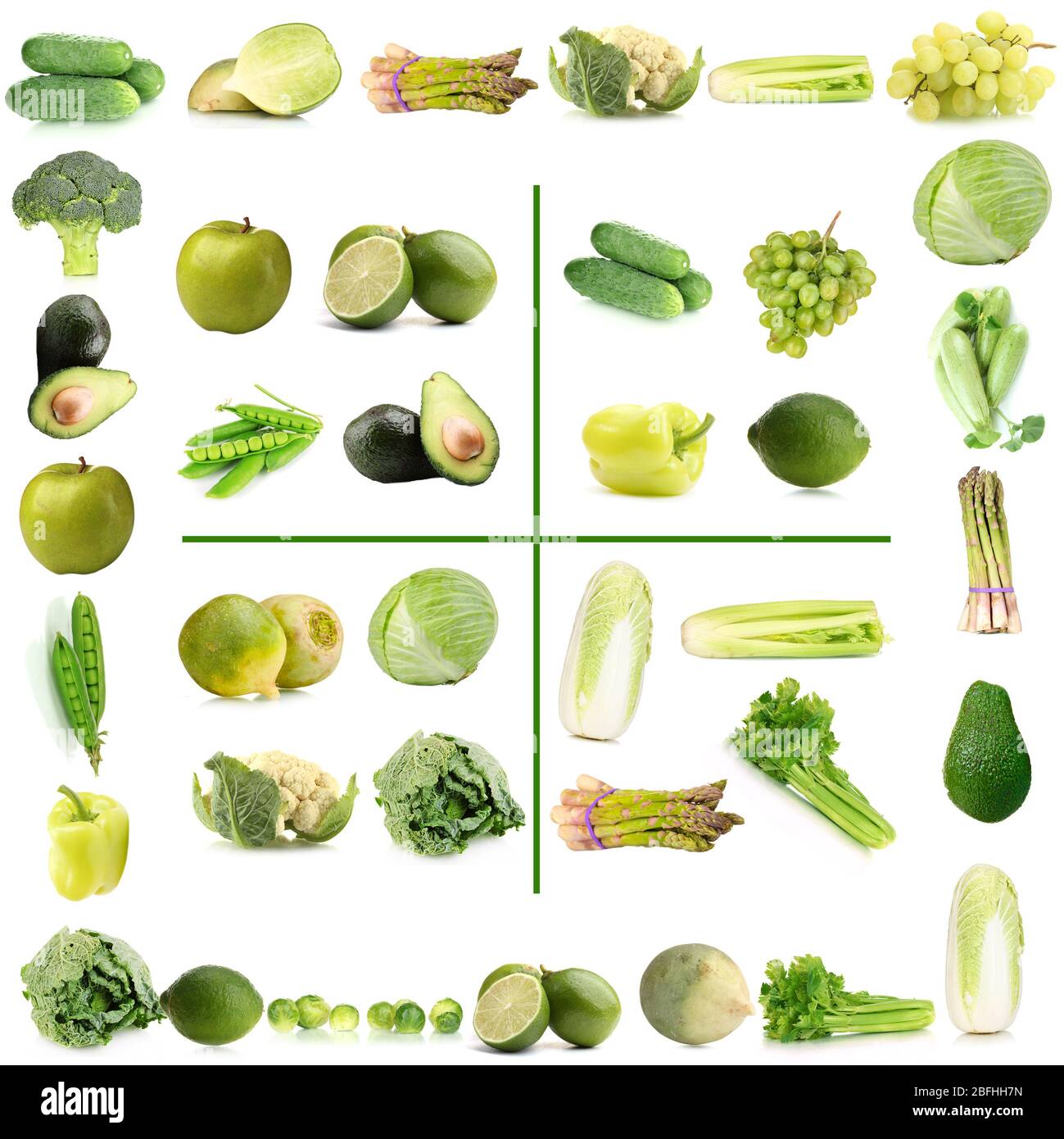 Collage aus grünem Gemüse und Obst Stockfoto