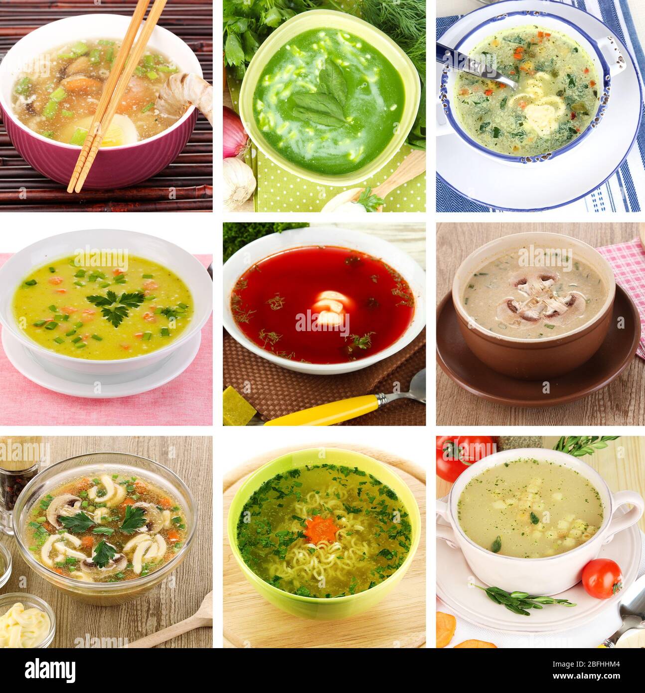 Collage aus verschiedenen Suppen Stockfoto