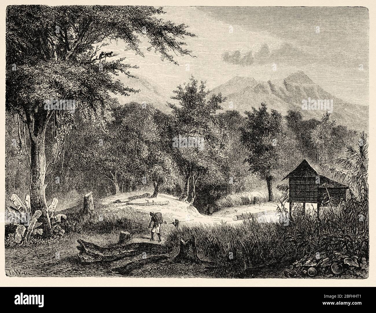 Übersicht über die Hütten und Bewohner der Insel Borneo, Indonesien, Asien. Alte Gravurillustration, der malaiische Archipel von Alfred Rus Stockfoto