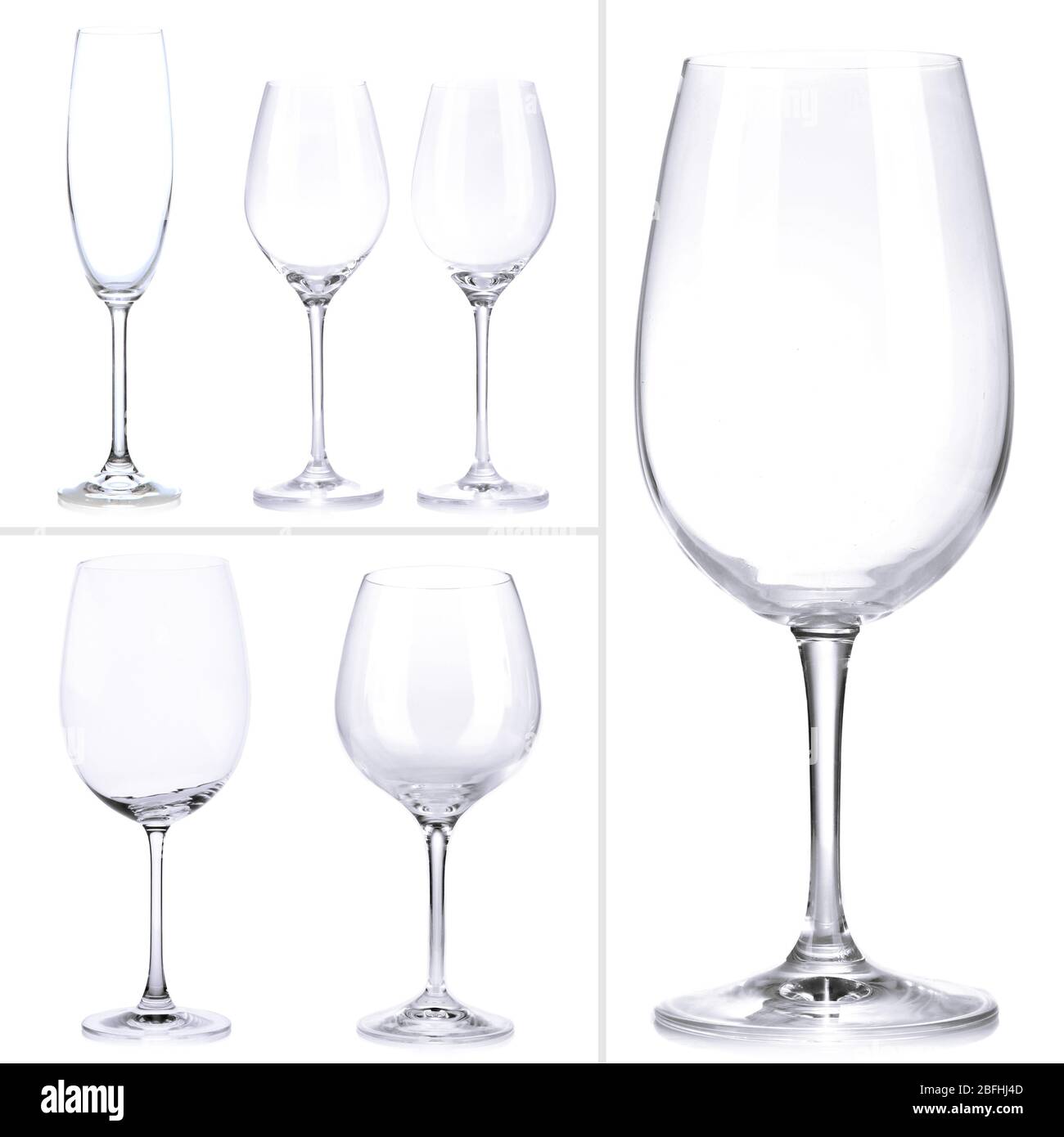 Collage aus leeren Gläsern isoliert auf weiß Stockfoto