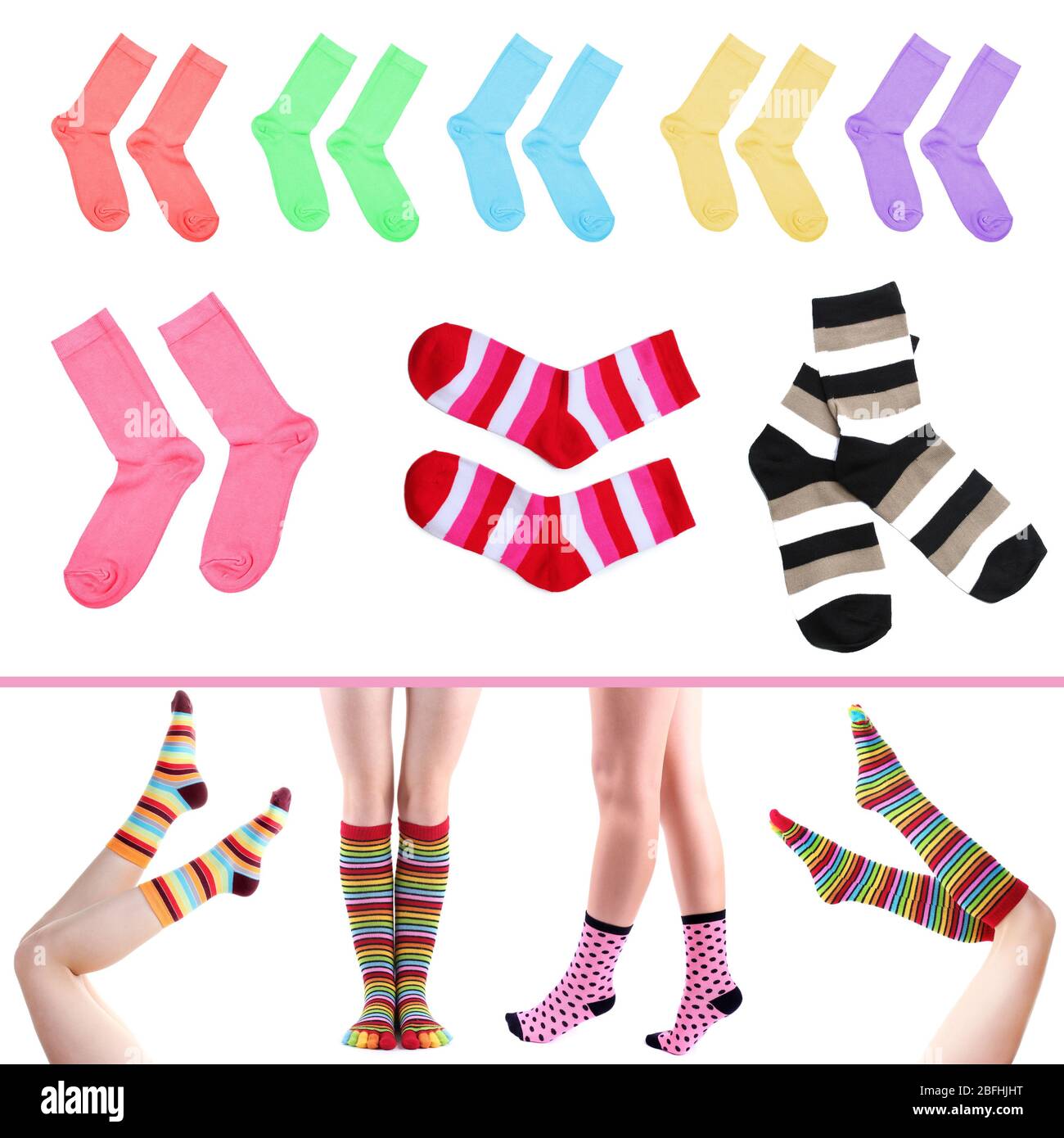 Collage aus weiblichen Beinen in bunten Socken und Socken Stockfoto