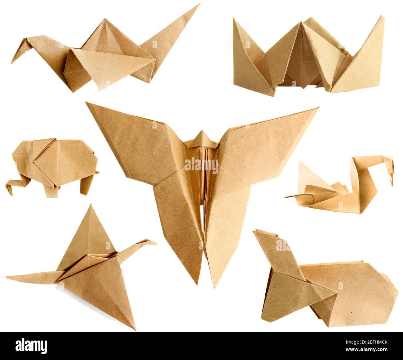 Collage aus verschiedenen Origami-Papiere isoliert auf weiß Stockfoto