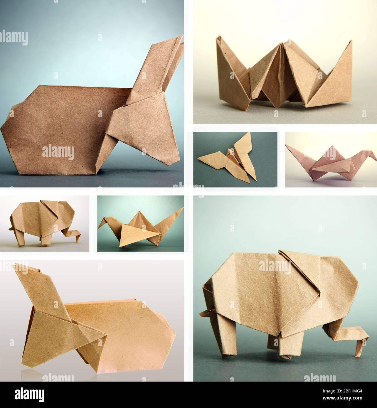 Collage aus verschiedenen Origami-Papieren auf grauem Hintergrund Stockfoto