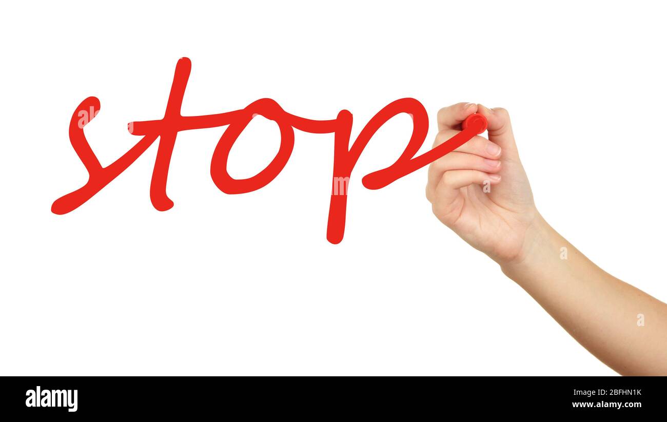 Stop Hand schreiben auf transparente Platte Stockfoto