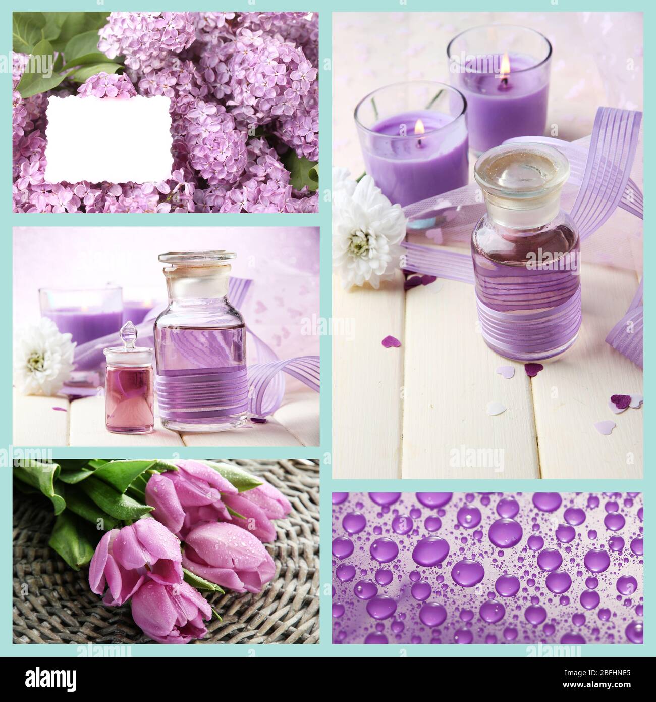 Collage von Fotos in lila Farben Stockfoto