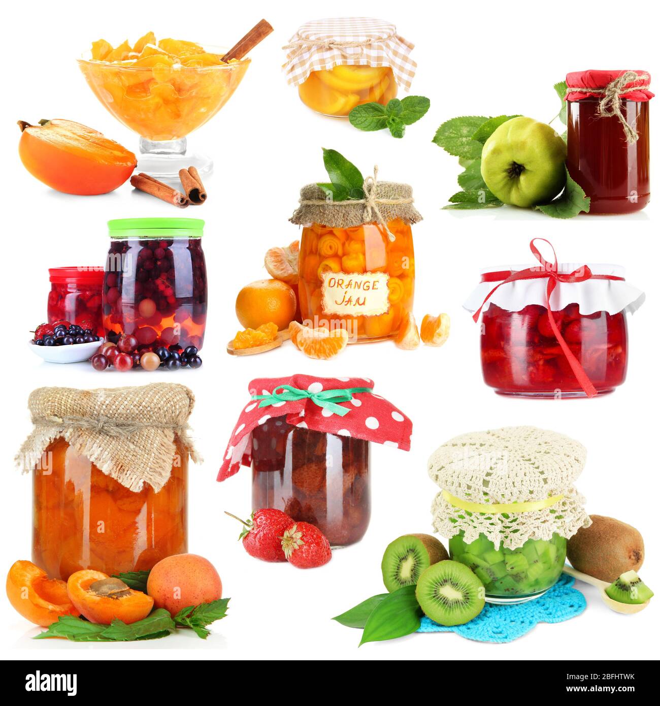 Süße Marmelade Collage, isoliert auf weiß Stockfoto