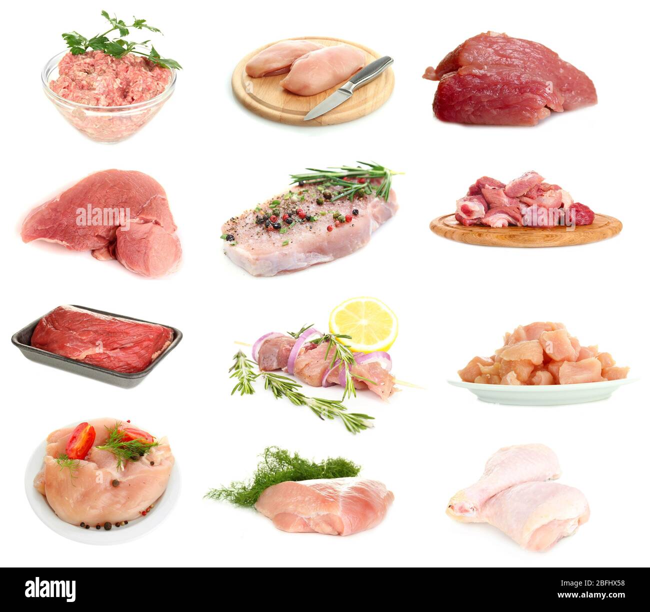 Collage aus rohem Fleisch isoliert auf weiß Stockfoto