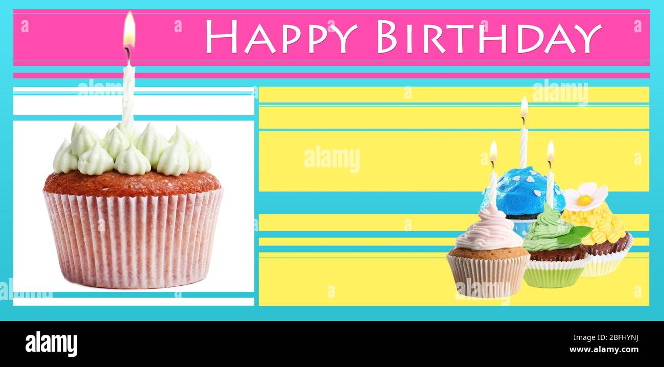 Collage aus köstlichen Cupcakes auf hellem Hintergrund Stockfoto