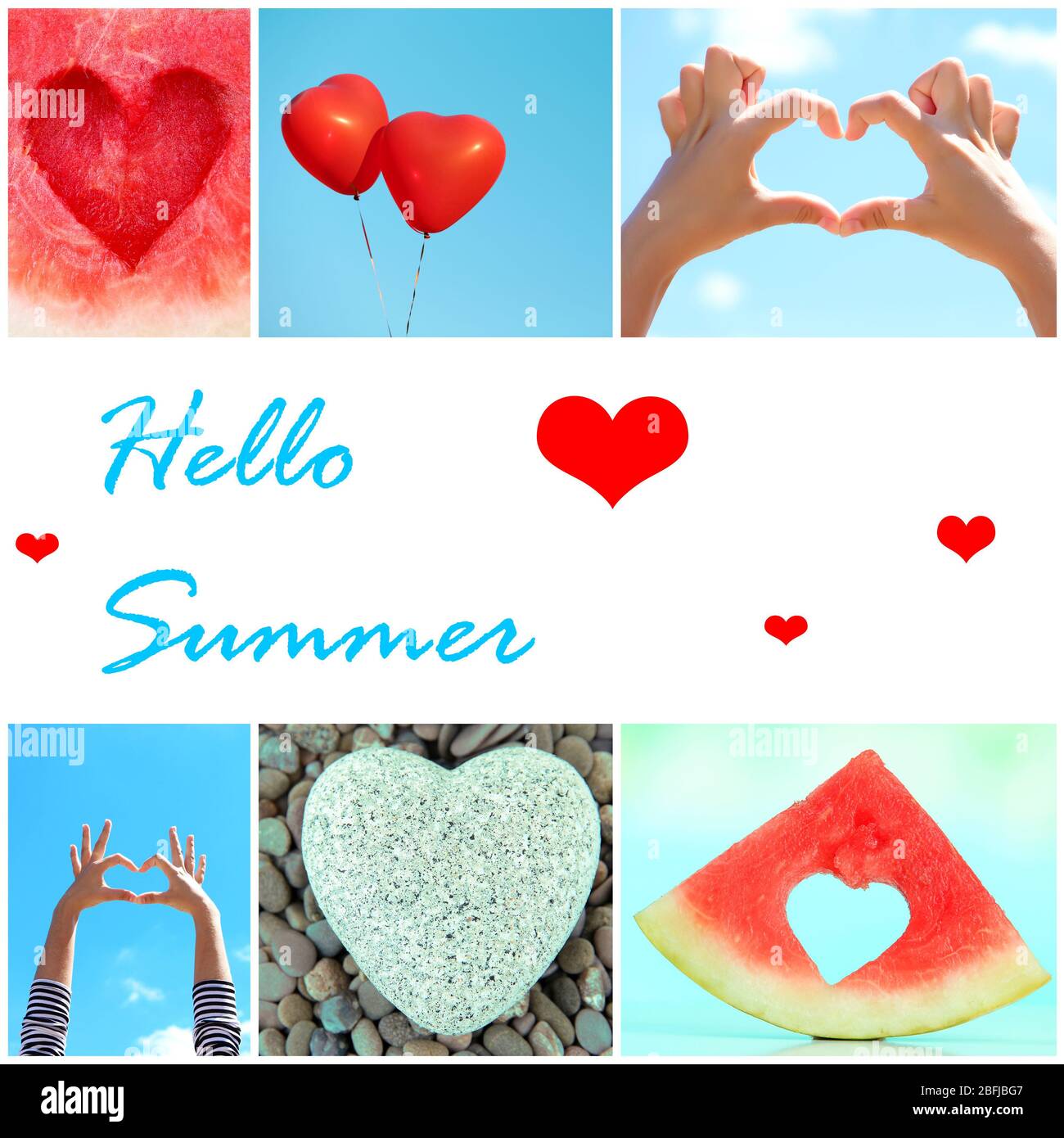 Hallo Sommer Konzept. Collage aus Bildern mit verschiedenen Herzen. Stockfoto