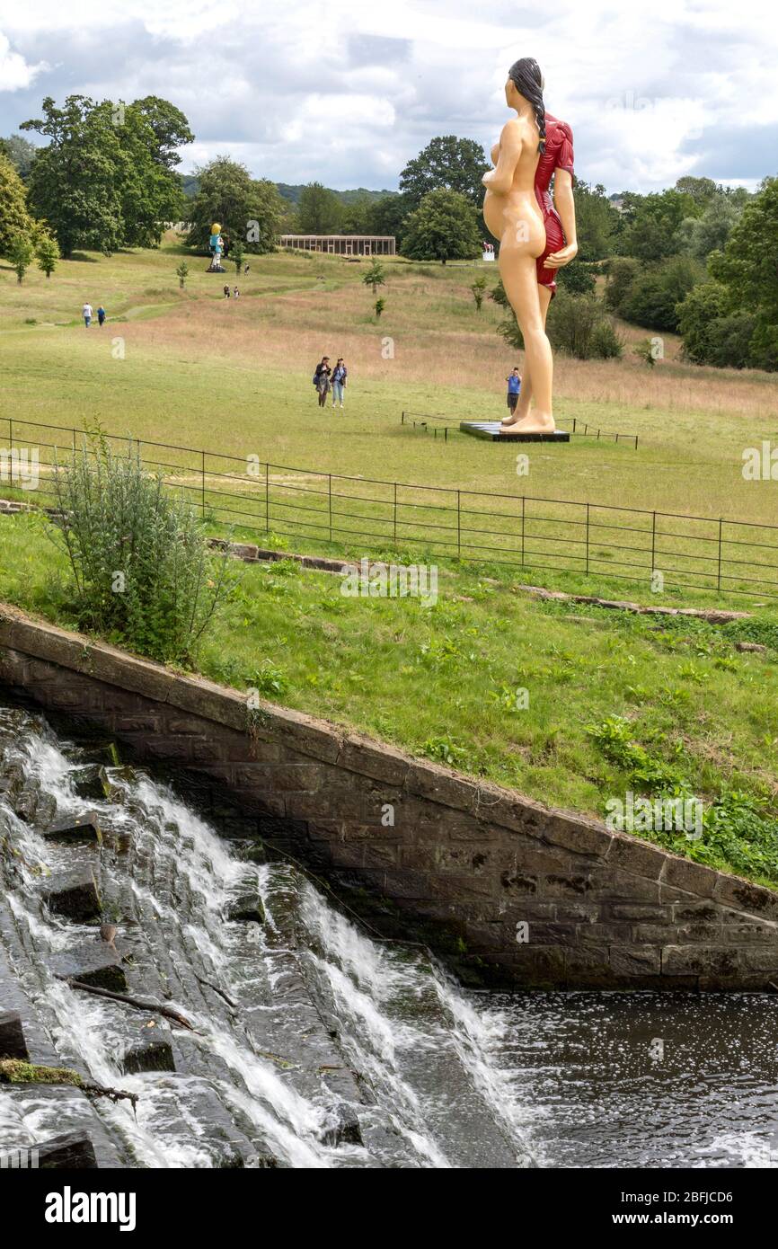 Blick mit Stream und Hirst Works. Der Weston im Yorkshire Sculpture Park, Wakefield, Großbritannien. Architekt: Feilden Fowles, 2019. Stockfoto