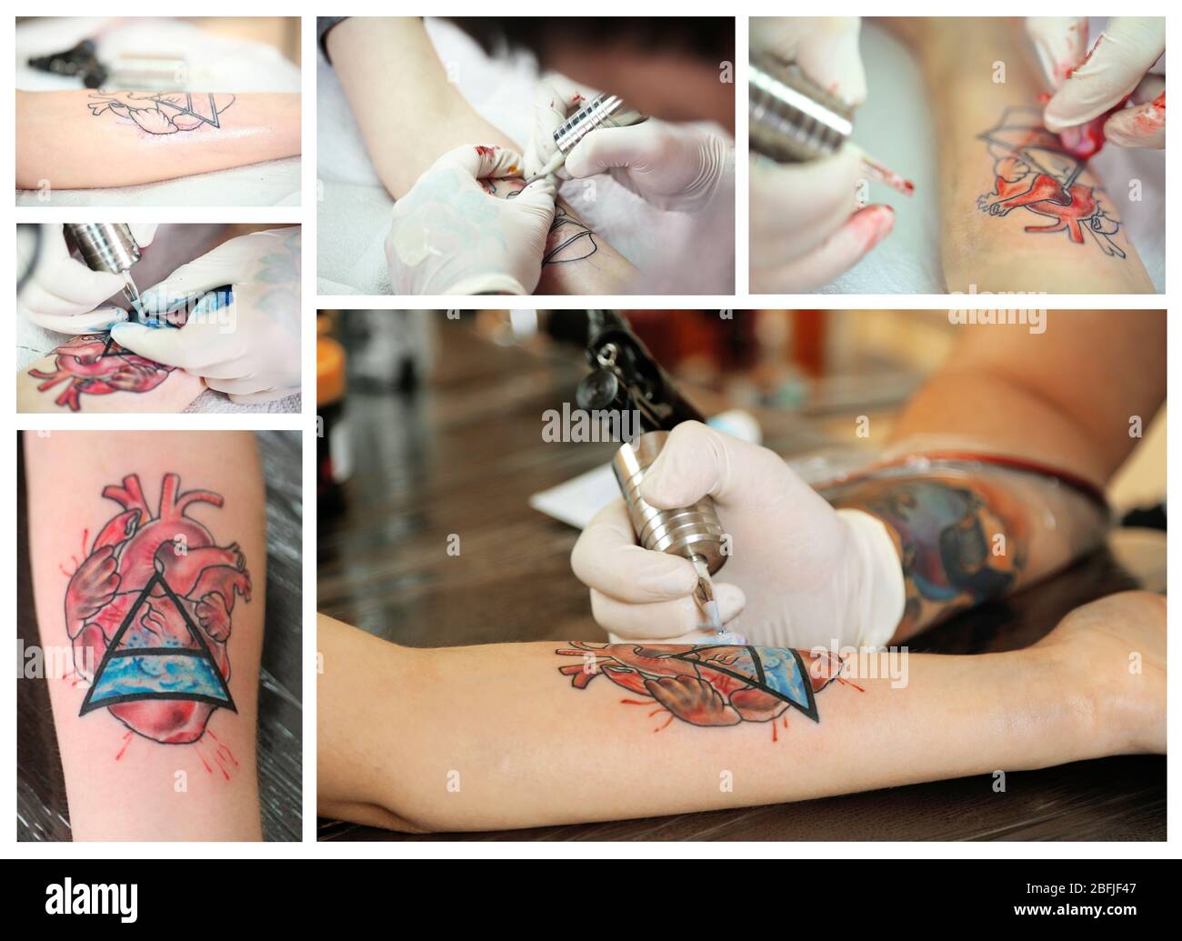 Collage von Tattoo-Künstler bei der Arbeit Stockfoto