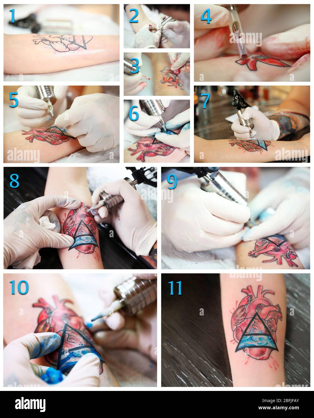 Collage von Tattoo-Künstler bei der Arbeit Stockfoto
