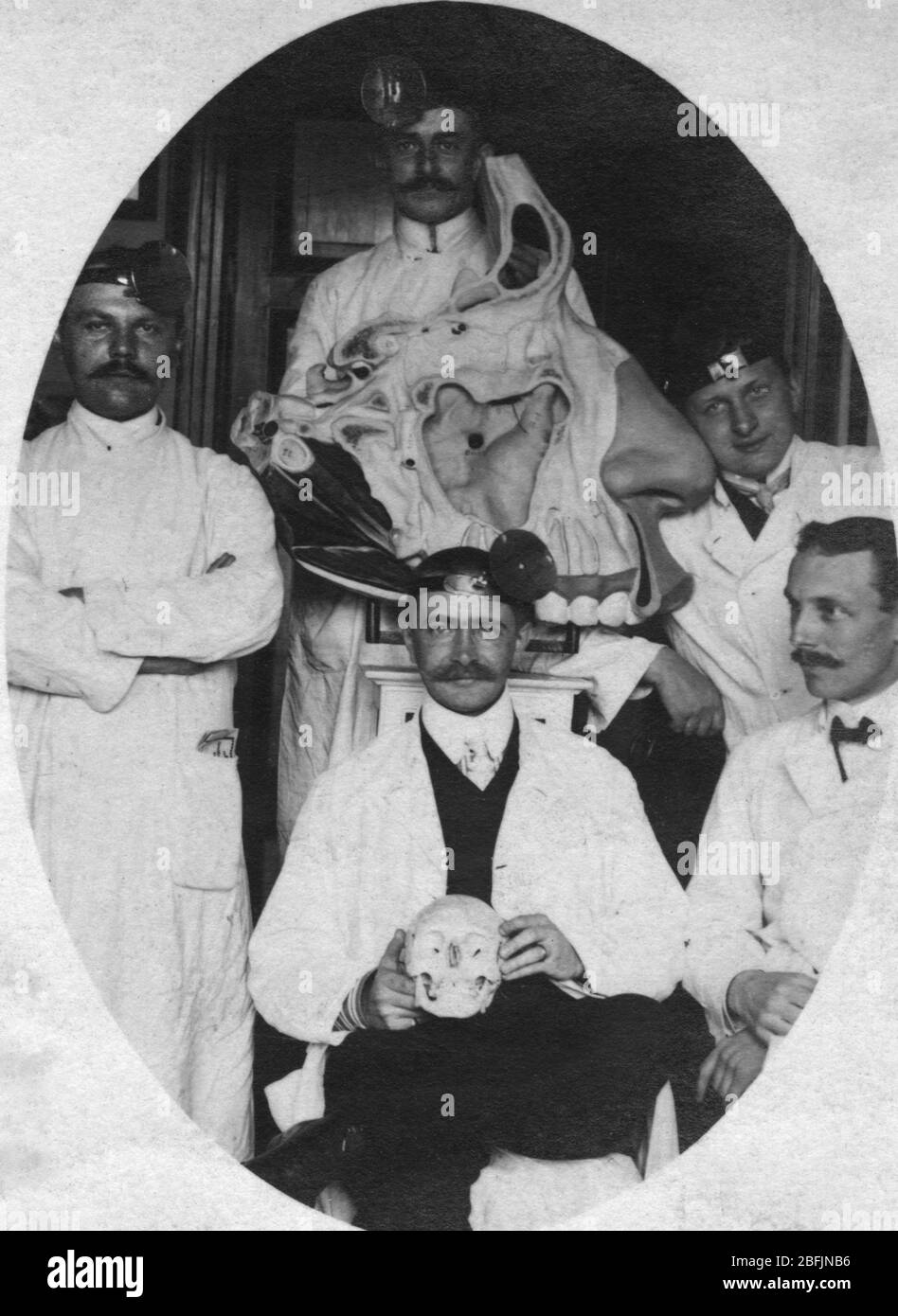 5 Zahnmediziner in einer deutschen Zahnarztschule posieren um einen überdimensionalen Schnitt des menschlichen Mundbereichs. Der Student, der vorne sitzt, hält einen menschlichen Schädel auf seinem Schoß. Ein anderer Student lehnt sich an die Nase des Schnitts. Mindestens einer dieser Studenten ist Amerikaner. Um meine anderen zahnärztlichen Bilder zu sehen, Suche: Prestor Vintage dental Stockfoto