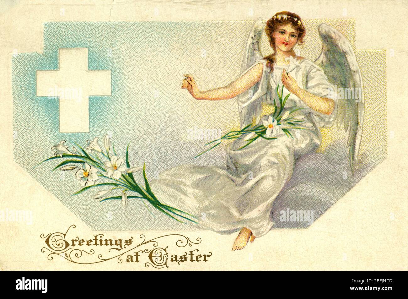 Ostergrußkarte, mit geflügeltem Engel, Osterlillies und weißem Kreuz. um 1915. Um meine anderen Urlaubsbilder zu sehen -- Suchwörter: Prestor vintage Holiday Stockfoto