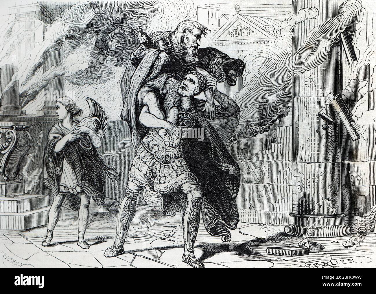 Aeneas flüchtet Troja, von den Griechen geplündert, trägt Anchises auf dem Rücken und folgt seinem Sohn Ascanius Stockfoto