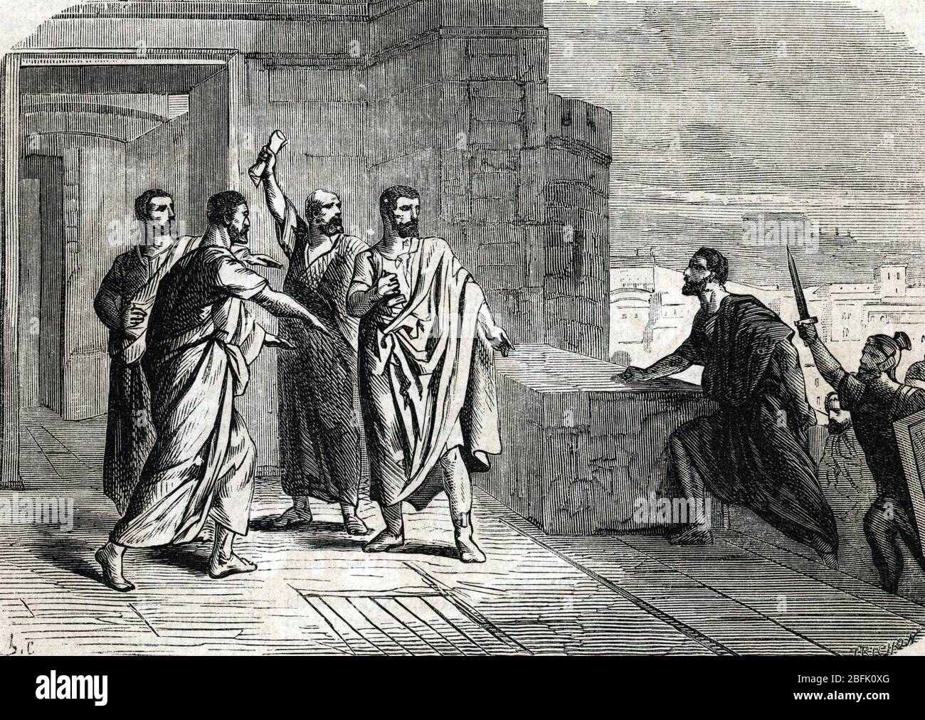 Antiquite romaine : 'Tiberius Gracchus (168-133 avant JC) se refugiant dans le capitole lors d'emeutes' (Tiberius Gracchus hinding in Campidoglio 133 Stockfoto