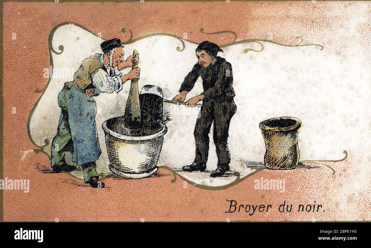Expression imagee ou idiomatique : Broyer du noir (have the Blues) - chromolithographie de la fin du 19eme siecle Collection privee Â Stockfoto