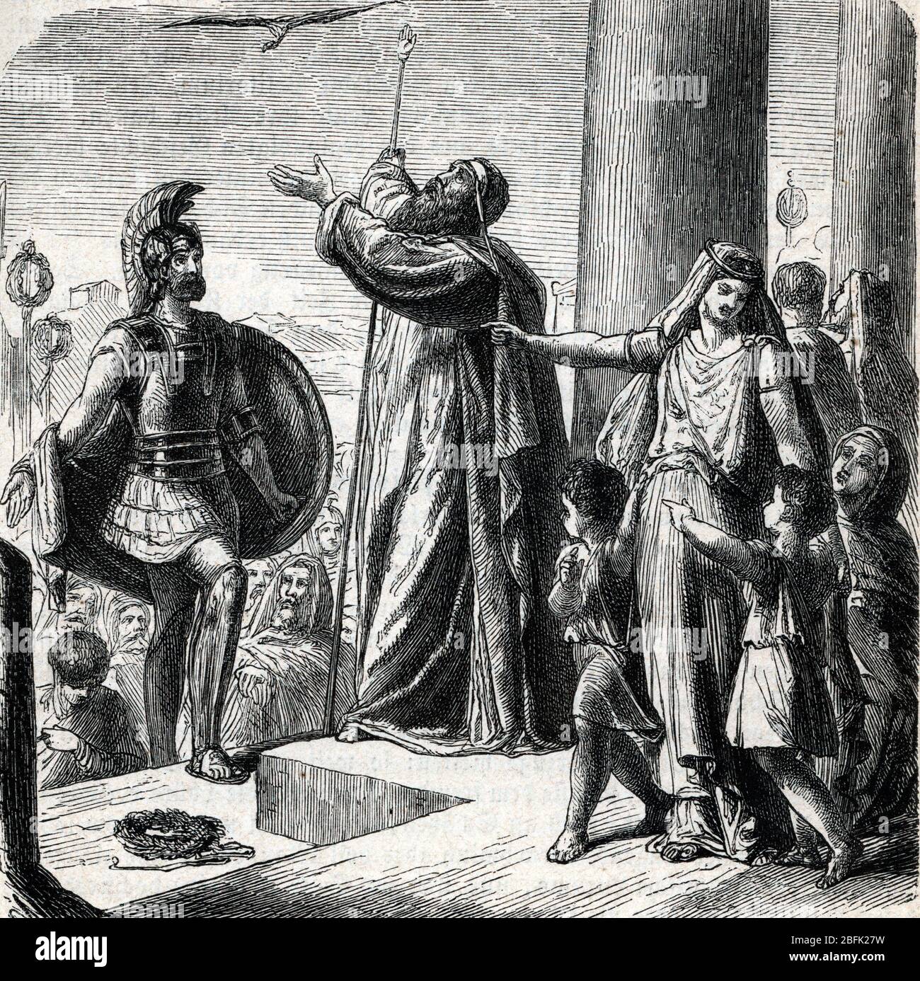 Antiquite romaine : tarquin l'ancien (tarquinius priscus ou lucumon) (616-578 avant JC) s'installant a la cour du roi ancus Marcius, 7eme siecle avant Stockfoto