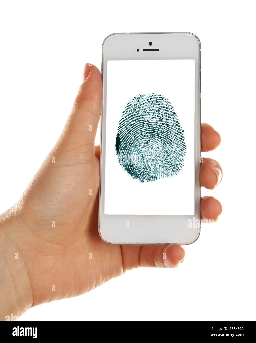 Fingerabdruck auf dem Bildschirm des Smartphones. Mobiles Sicherheitskonzept Stockfoto