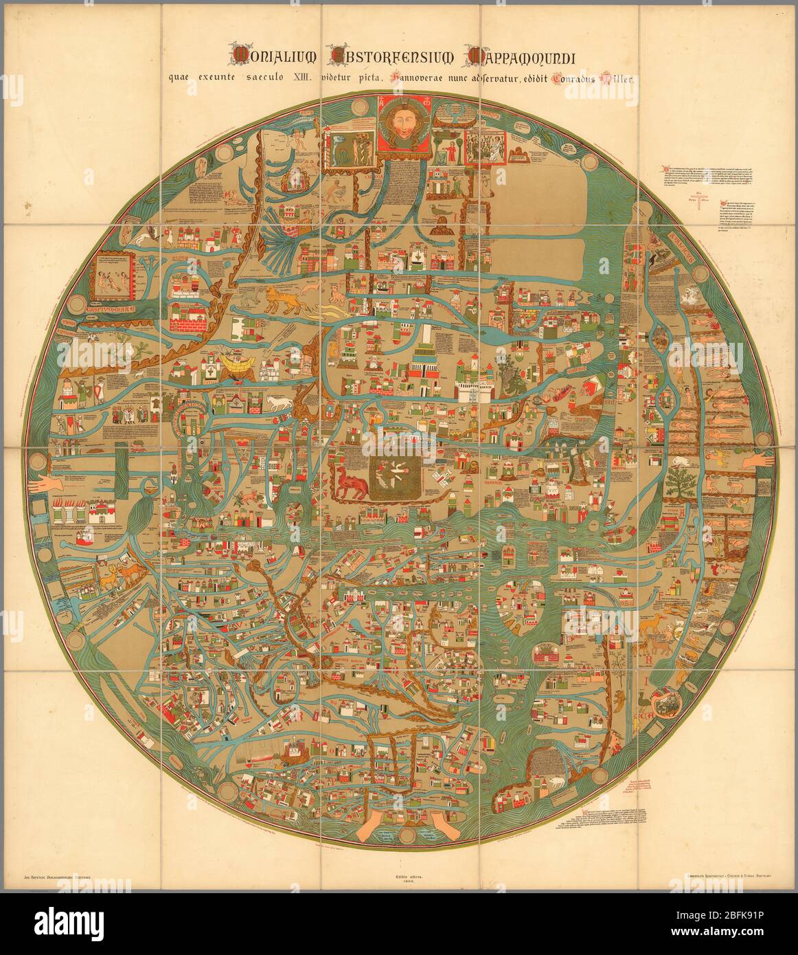 Word Map Monialium Ebstorfensium mappa mundi Erschienen 1898 auf der Karte des 13. Jahrhunderts von Gervase von Ebstorf Bunte, kreisförmige Bildkarte der Welt, Durchmesser 101, auf Blatt 118x106, unterteilt in 20 Abschnitte 29x21, auf Leinen montiert. Die in Stuttgart gedruckte Karte ist eine Reproduktion der berühmten Ebstorf-Karte, die 1943 zerstört wurde. Diese große, kreisförmige 'appa mundi' von Gervase von Ebstorf ist eine der berühmtesten historischen Landkarten der Welt aus dem 13. Jahrhundert. Mit gemeinsamen mittelalterlichen Manuskriptsymbolen und den mittelalterlichen Formen von Ortsnamen spiegelt es die zeitgenössischen religiösen Ideen der Stockfoto