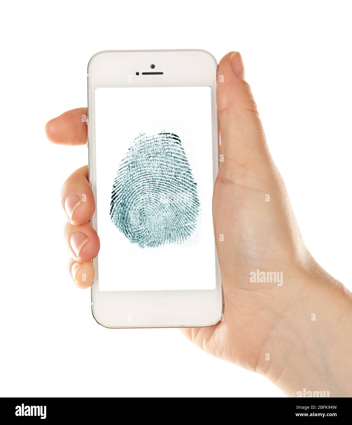 Fingerabdruck auf dem Bildschirm des Smartphones. Mobiles Sicherheitskonzept Stockfoto