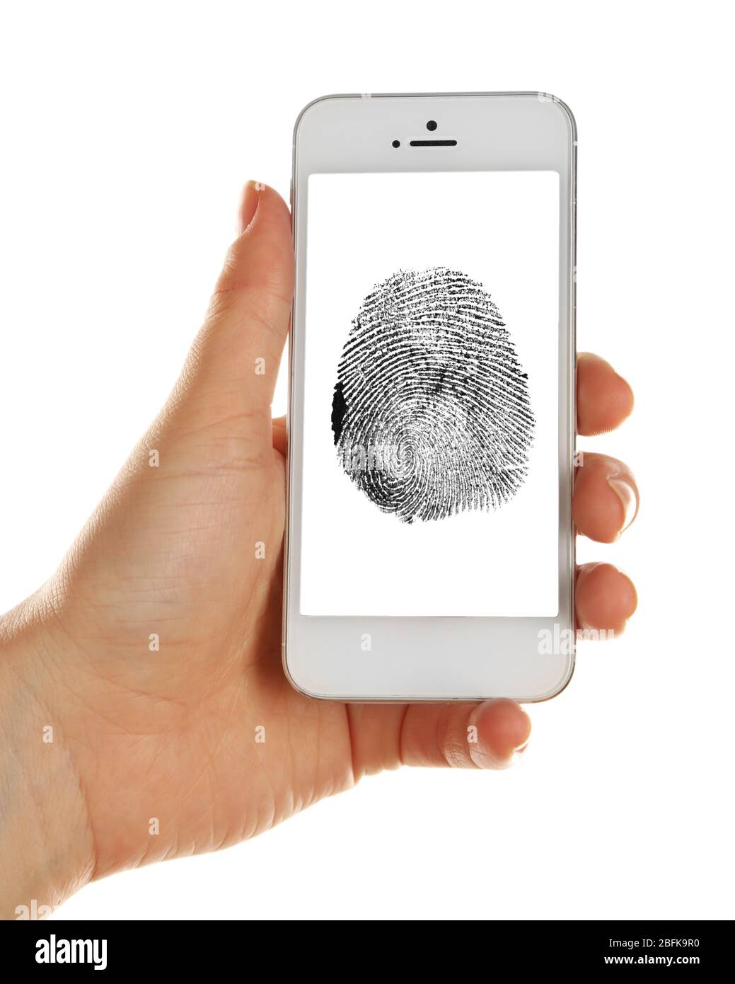 Fingerabdruck auf dem Bildschirm des Smartphones. Mobiles Sicherheitskonzept Stockfoto