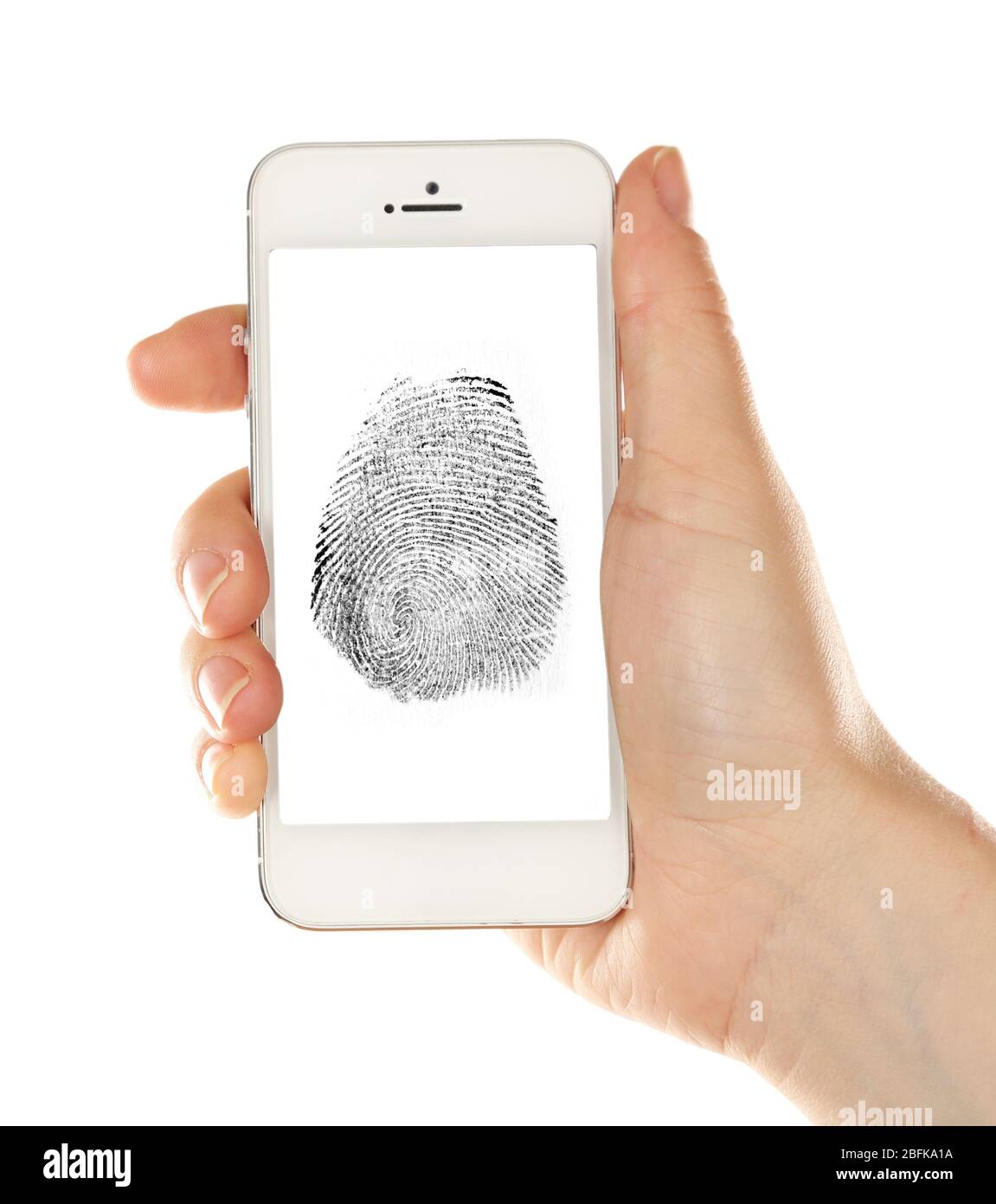 Fingerabdruck auf dem Bildschirm des Smartphones. Mobiles Sicherheitskonzept Stockfoto