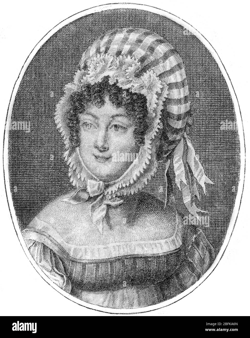 Kopf einer Frau mit gestreifter Motorhaube, Gravur von Saint-Aubin (Französisch, 1736-1807) Stockfoto