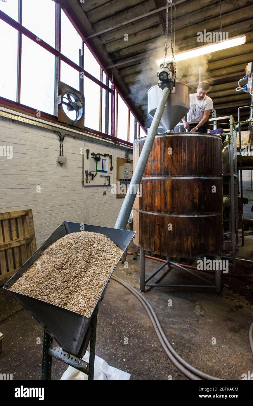 Braumeister Chris Taylor braut Bier in der preisgekrönten Brauerei und Hopfenfarm der Larkins Brewery in Chiddingstone, Kent, Großbritannien Stockfoto