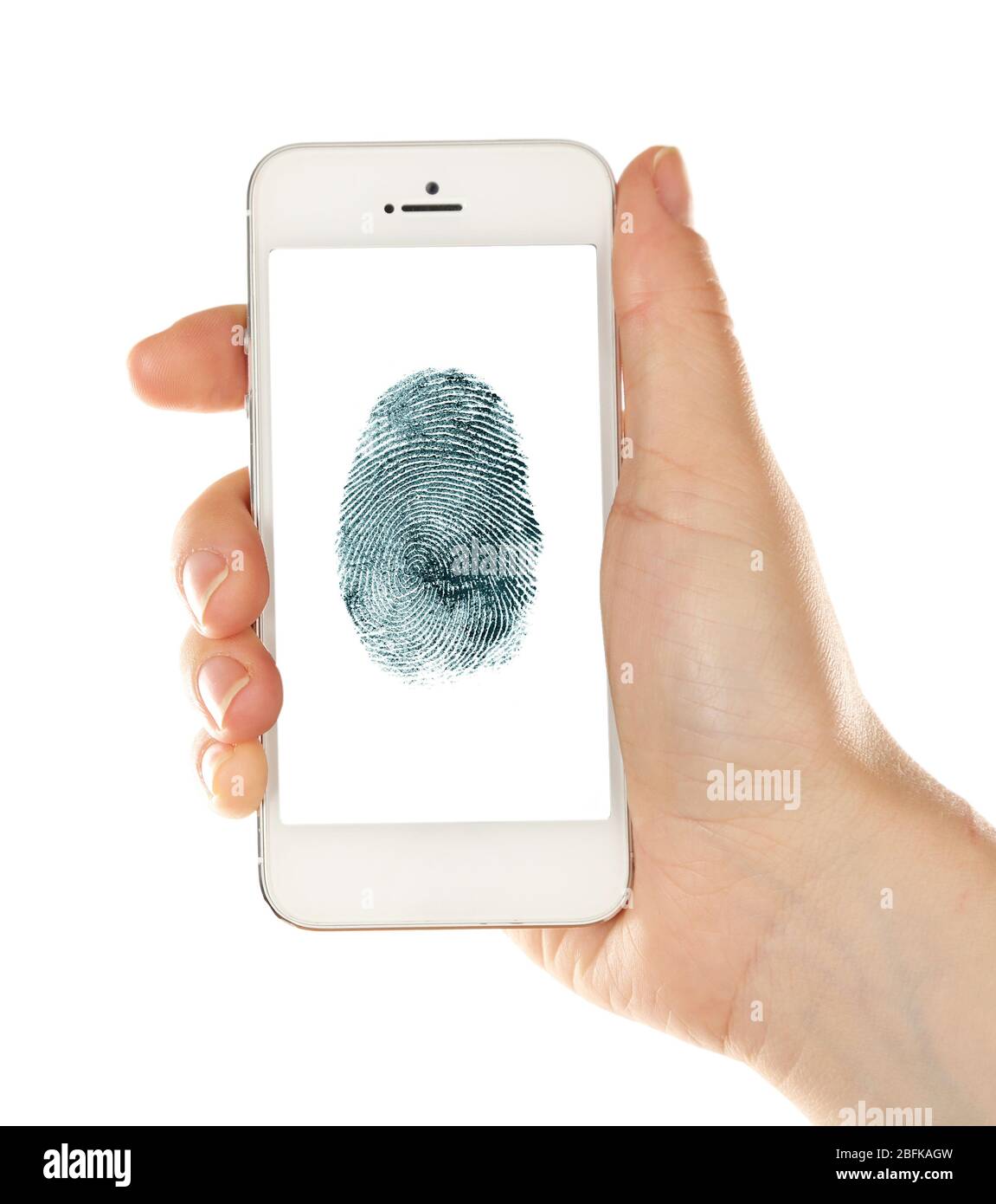 Fingerabdruck auf dem Bildschirm des Smartphones. Mobiles Sicherheitskonzept Stockfoto