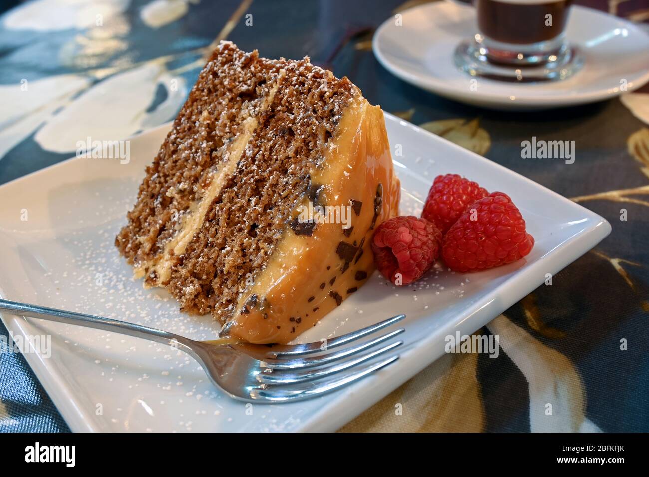 Auf einem Teller wird eine Scheibe Schokoladenkuchen und Rapsbeeren serviert Stockfoto
