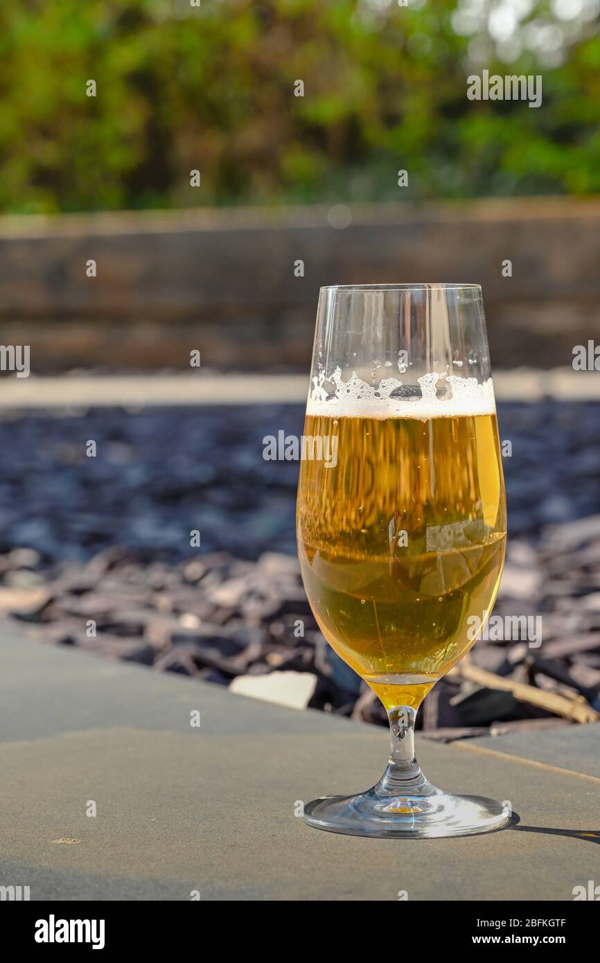 Ein Glas goldenes Bierlager an einer Gartenmauer Stockfoto