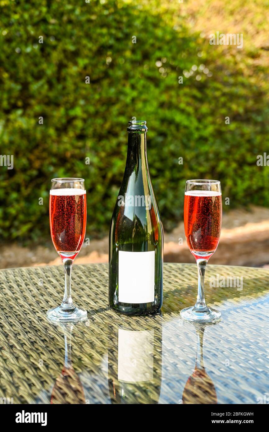 Zwei Flötengläser aus rosa Champagner und eine geöffnete Champagnerflasche mit einem leeren Etikett auf einer Glastisch-Platte in einem Garten. Platz für Kopie. Stockfoto
