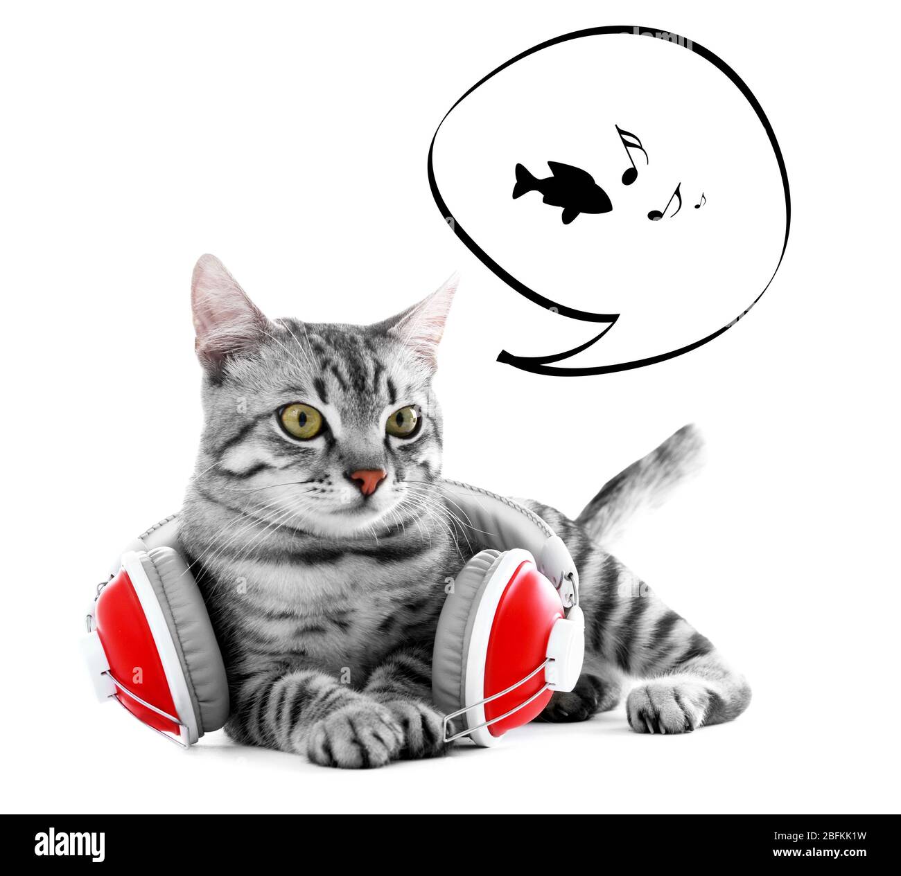 Katze und Kopfhörer mit Wolkenblase über ihrem Kopf, isoliert auf weiß Stockfoto