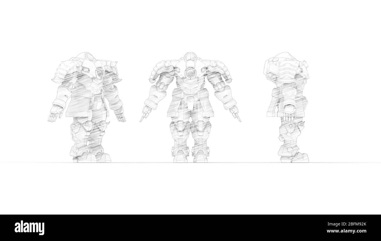 3D-Rendering eines Science-Fiction-Cartoon Harnass Tech-Roboter Krieger Stockfoto