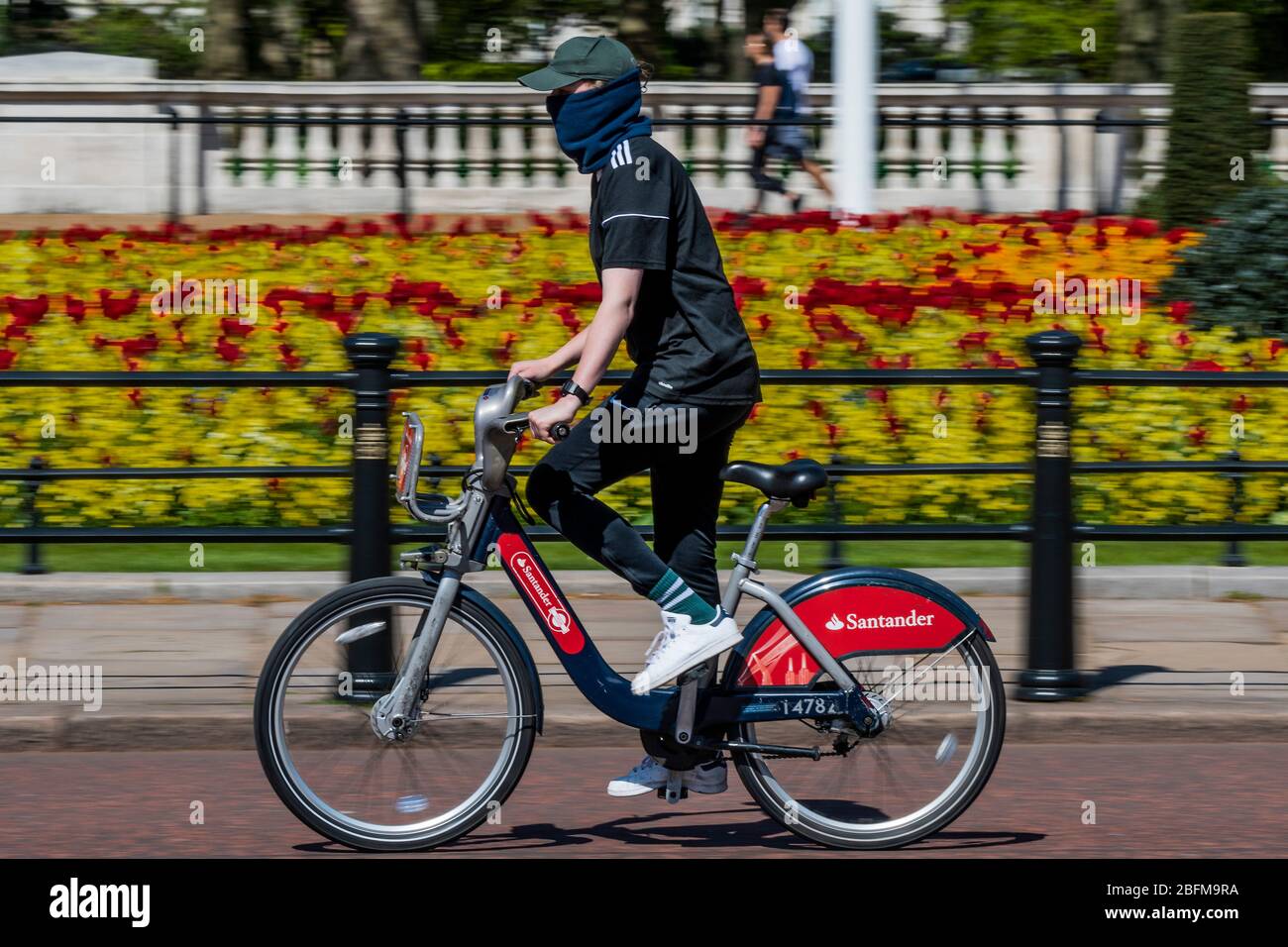 London, Großbritannien. April 2020. Die Blumen rund um das Victoria Monument genießen - die Leute trainieren auf dem Fahrrad und zu Fuß, einige in Masken und andere nicht. Im Zentrum von London ist es ziemlich voll, wenn die Sonne wieder aufgeht. Die "Lockdown" geht weiter für den Ausbruch des Coronavirus (Covid 19) in London. Kredit: Guy Bell/Alamy Live News Stockfoto