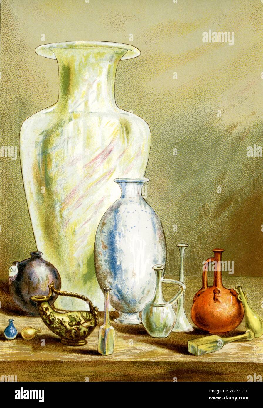 Diese Illustration aus dem späten 19. Jahrhundert zeigt eine rekonstruierte Ansicht von Funden alter römischer Vasen, Glaswaren und Töpferwaren. Stockfoto