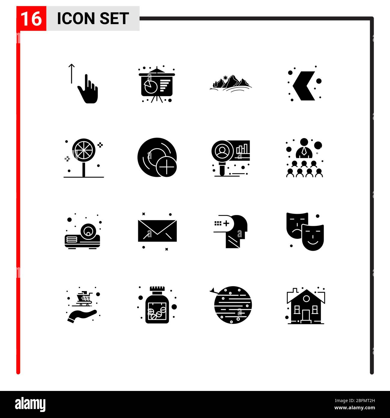 Modernes Set von 16 Solid Glyphen Piktogramm des Zeigers, links, Hügel, Richtung, Sonne editierbare Vektor Design-Elemente Stock Vektor
